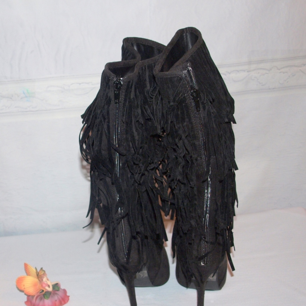 Alba Fringe Knee High Boots Boho Black 6.5M Super Fashionable Heeled Boots - Picture 4 of 6
